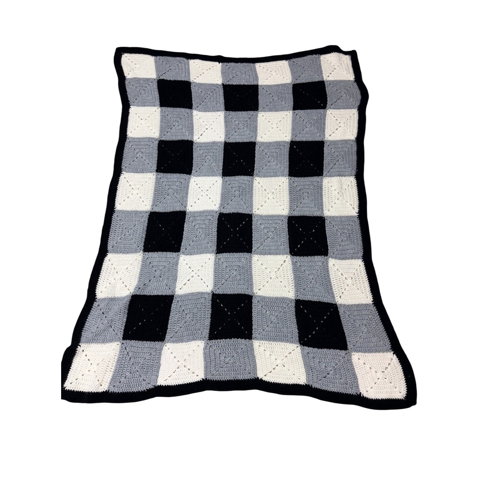 Handmade Crochet Throw Blanket Checkered Black Grey 56x72 - BZ